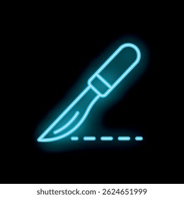Bright blue neon scalpel cutting a dotted line on a black background