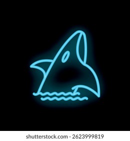 Bright blue neon shark icon swimming through the ocean at night