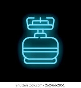 Bright blue neon sign of a cable car glowing on a black background