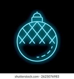 Bright blue neon sign of a christmas bauble glowing on a dark background