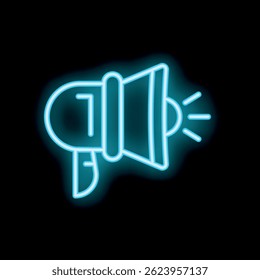 Bright blue neon sign depicting a megaphone broadcasting, perfect for grabbing attention