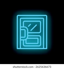 Bright blue neon sign depicting a door with a window, handle and letter slot, on a black background
