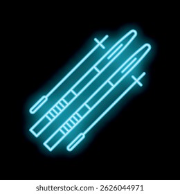 Bright blue neon sign depicting cross country skis and poles for winter sports advertising