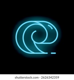 Bright blue neon sign depicting ocean wave breaking on black background