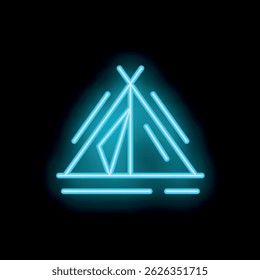 Bright blue neon sign depicting a simple camping tent, perfect for use as a logo or icon representing outdoor activities
