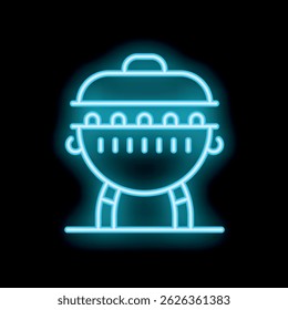 Bright blue neon sign depicting a barbecue grill, perfect for any summer party invitation or restaurant menu