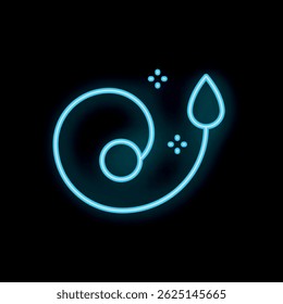 Bright blue neon sign forming a spiral shape with a bud on its tip and surrounded by sparkles, on a black background