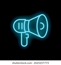 Bright blue neon sign is glowing in the dark, shaped like an electric megaphone for announcing important messages