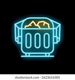Bright blue neon sign of an overflowing wheelie bin on a black background