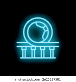 Bright blue neon sign of a rollercoaster cart going through a loop on a dark background
