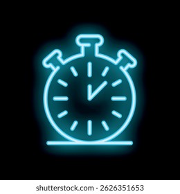 Bright blue neon sign in the shape of a stopwatch, glowing on a dark background