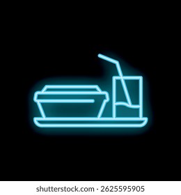 Bright blue neon sign showing lunch with take away food box and drink on tray