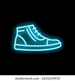 Bright blue neon sign of a sneaker shoe is glowing on a black background