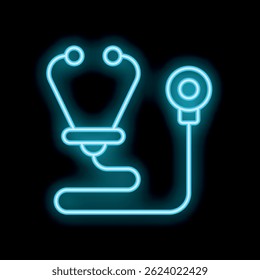 Bright blue neon sign of a stethoscope is glowing on a black background