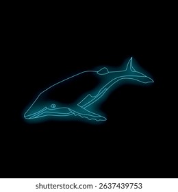 Bright blue neon style illustration of a humpback whale swimming on a black background