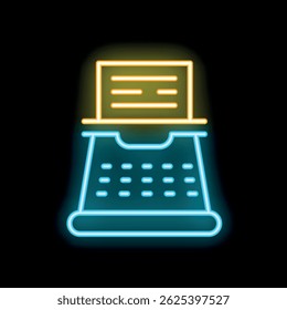 Bright blue neon typewriter with yellow paper glowing on dark background