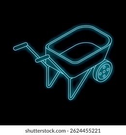Bright blue neon wheelbarrow glowing on a dark background