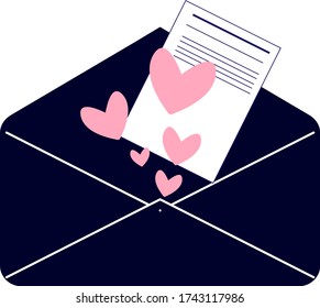 un sobre azul brillante abierto con una carta y corazones adjuntos. aislado en white.vector.