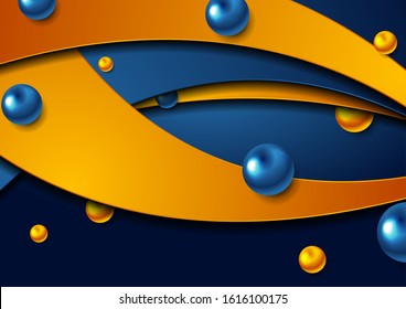 Bright blue orange abstract tech wavy graphic design with 3d glossy circles. Geometric futuristic corporate background. Vector illustration