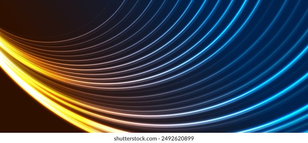 Bright blue orange neon curved lines abstract technology background. Futuristic glowing vector banner design