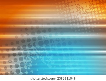Bright blue orange smooth stripes and halftone abstract background. Vector futuristic shiny design