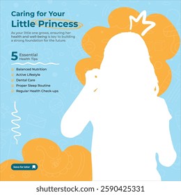 Bright blue and orange template highlighting essential health tips for growing girls including nutrition, activity, dental care, sleep routines, and regular check-ups for optimal development.
