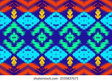 Bright Blue and Orange Tribal Pattern: Vibrant Seamless Design for Fashion Textiles and Statement Decor