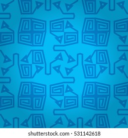 Bright blue ornamental seamless pattern background in ancient style. Complex tessellated repeatable backdrop. Colored, symmetrical design for curtain, surface, carpet or other purpose.