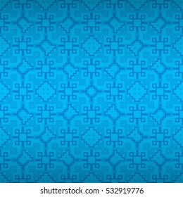 Bright blue ornamental seamless pattern background in ethnic style. Contemporary design. Colorful, symmetric design for wallpaper, packing-paper, carpet or other purpose.