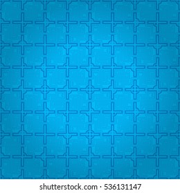 Bright blue ornamental seamless pattern in escape game style. Compound puzzle repeatable backdrop. Vector background.