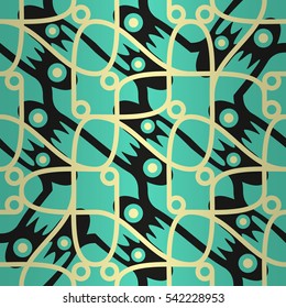 Bright blue ornamental seamless pattern in knot style. Equable tessellated repeatable backdrop. Shining, graphical design for wallpaper, textile, game or other purpose.