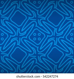 Bright blue ornamental seamless pattern in alien style.