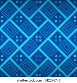 Bright blue ornamental seamless pattern in zig-zag style. Contemporary tracery. Colored, contrast design for surface, ads, wallpaper or other purpose. Clean puzzle repeatable backdrop.