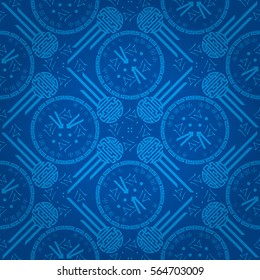 Bright blue ornamental seamless pattern in chinese fireworks style. Hieroglyph translation: Chinese New Year of the Rooster 2017