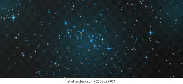 Bright blue particles gently falling with star, night stary sky, creating a magical and festive atmosphere. Glittering particles on a transparent background. Light with flares