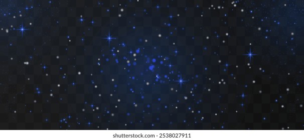 Bright blue particles gently falling with star, night stary sky, creating a magical and festive atmosphere. Glittering particles on a transparent background. Light with flares
