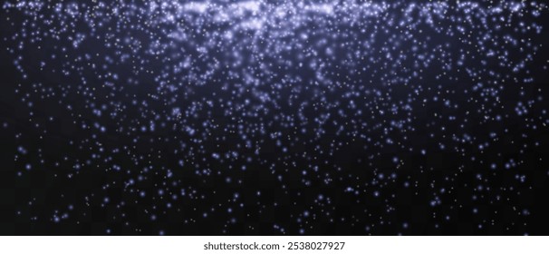 Bright blue particles gently falling on a dark background, creating a magical and festive atmosphere. Glittering particles on a transparent background. Light with flares