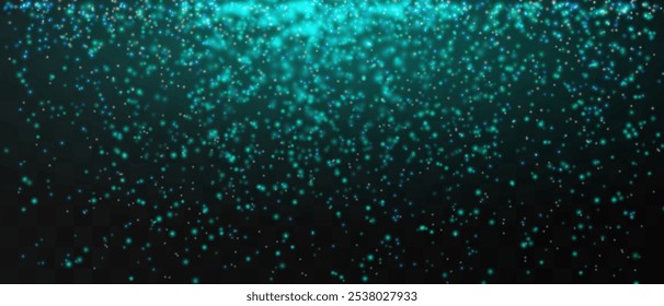 Partículas azules brillantes cayendo suavemente sobre un fondo oscuro, creando una atmósfera mágica y festiva. Partículas brillantes sobre un fondo transparente. Luz con bengalas