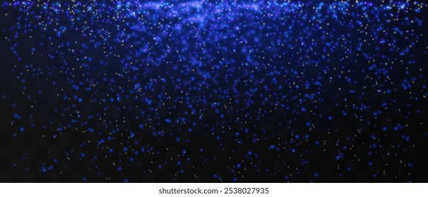 Bright blue particles gently falling on a dark background, creating a magical and festive atmosphere. Glittering particles on a transparent background. Light with flares