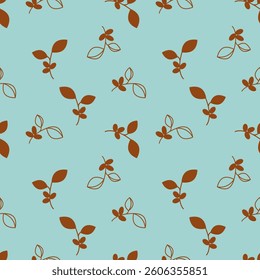 Bright blue pattern with brown coffee beans and branches with coffee fruits.