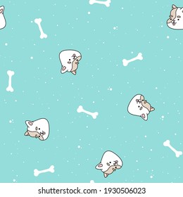 Bright blue pattern with cute, funny happy dogs. Prints, baby and pets texture for children.
