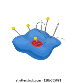Bright blue pillow with needles, pins and red button. Sewing theme. Flat vector for poster of tailoring atelier