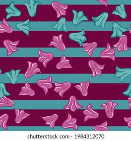 Bright blue and pink bellflowers elements seamless pattern in random style. Striped background. Vector illustration for seasonal textile prints, fabric, banners, backdrops and wallpapers.