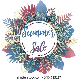 Bright blue, pink and golden colors round frame of hand drawn tropical leaves and flowers with Summer sale text. Trendy exotic greenery border for greeting cards, banner design, wedding decoration