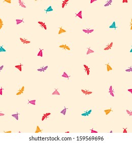 Bright blue,  pink, red, orange and  yellow moths or butterflies on  light beige background. Simple vector seamless pattern with insects. 