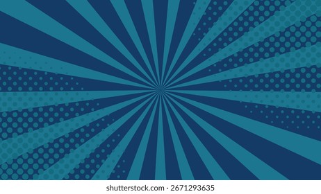 Bright blue pop art comic background with sunburst rays and halftone dots, retro style vector design for banner, poster, wallpaper, template, vintage cartoon, dynamic energy and abstract pattern.