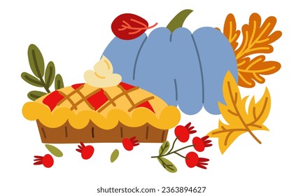 Bright blue pumpkin with cherry pie, leaves and berries, flat vector illustration on a white background Printing on paper and textiles for the holidays Thanksgiving day the beginning of autumn harvest