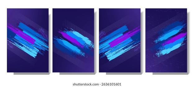Bright Blue and Purple Brush Texture Set Halftone Effect Grunge Sports Background for Dynamic Banner or Poster Design with Energetic and Active Mood.