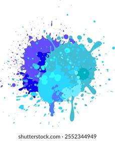 Bright blue and purple paint splatters creating a vibrant and dynamic abstract design on a clean white background, ideal for adding an artistic touch to various projects
