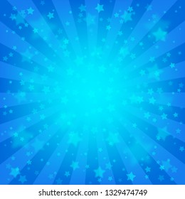 Bright blue rays background, lot of stars. Vivid wallpaper. Celebration backdrop template. Comics, pop art style. 